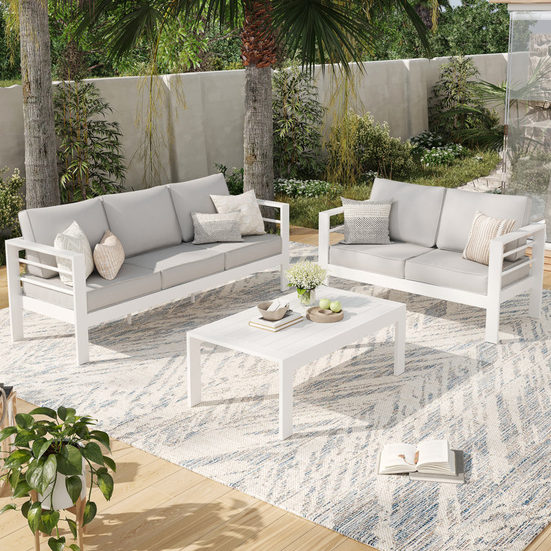 5 - Person Patio Conversation Set with Cushions, Light Gray, White