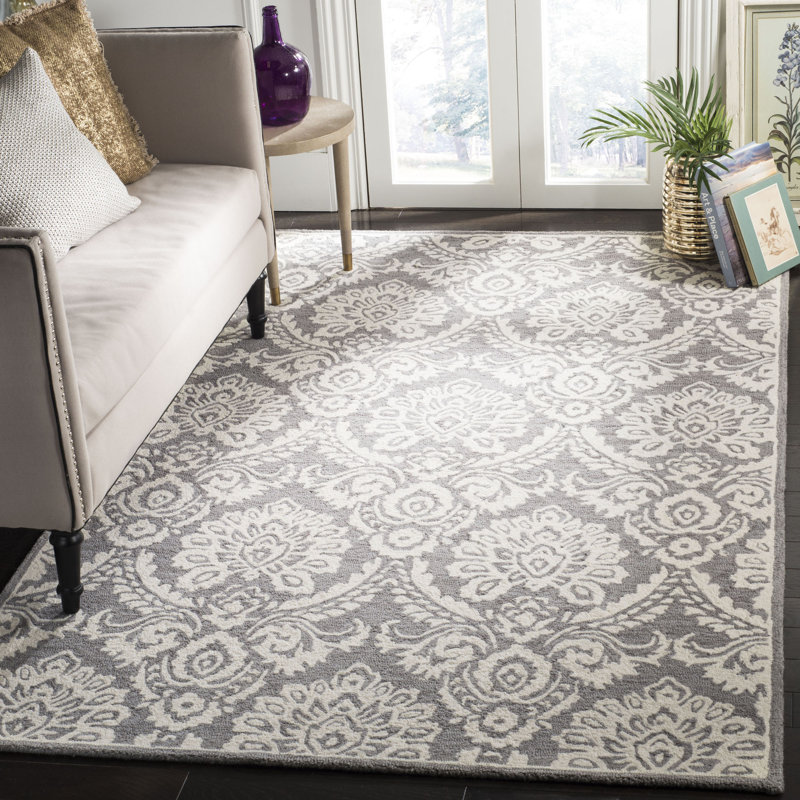 Tapis ivoire / gris en laine fait à la main Tansy, Rectangle de 5 pi x 8 pi