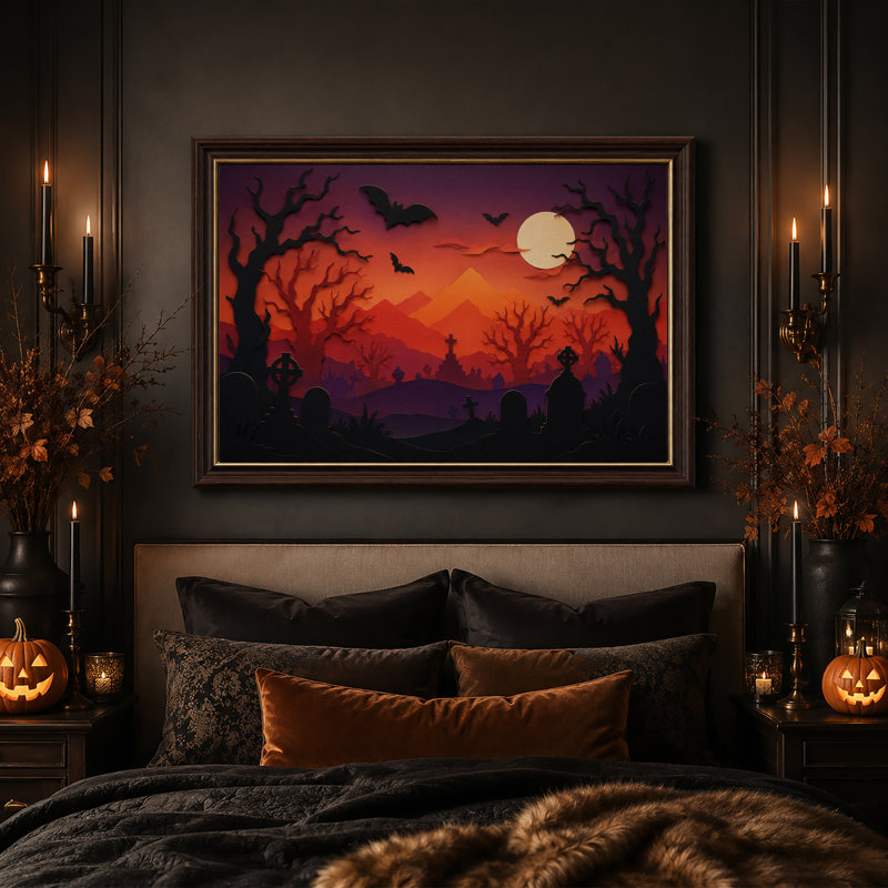 Tableau sur toile d'Halloween représentant un cimetière orange et violet avec des chauves-souris et la lune, 12"H x 18"W