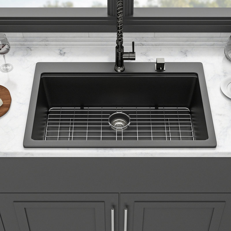 Quartz Kitchen Sink - 33X22" Black Granite Composite Workstation Drop-In Kitchen Sink, Black