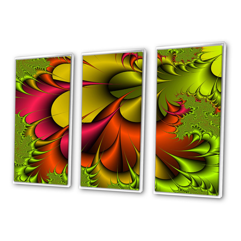 «Green and Red Abstract Digital Flowers», reproduction de cadre flottant sur toile, 3 pièces, H 20 po x l 36 po x P 1 po