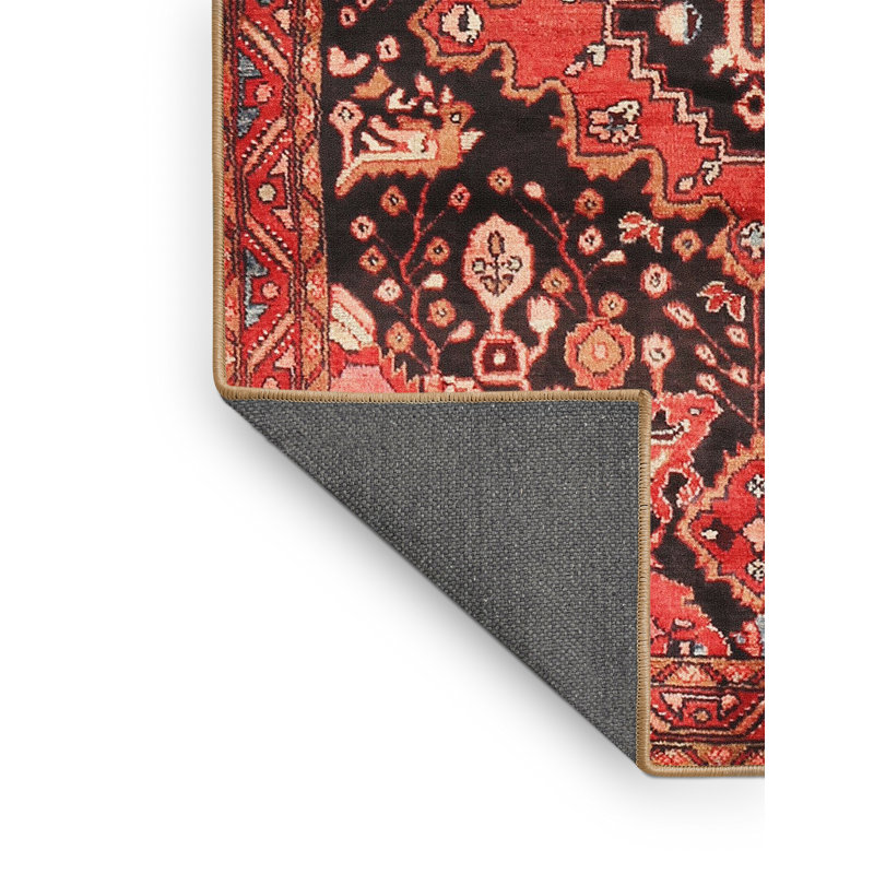 Tapis oriental en laine et polyester rouge et noir tissé au métier mécanique, Rectangle 5 pi x 7 pi