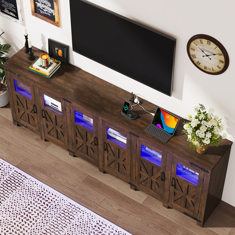 95.3“ LED Farmhouse TV Stand For Tvs Up To 85" With Power Outlets And Adjustable Shelves, Brown, 35.5" H x 95.3" L x 15.75" W