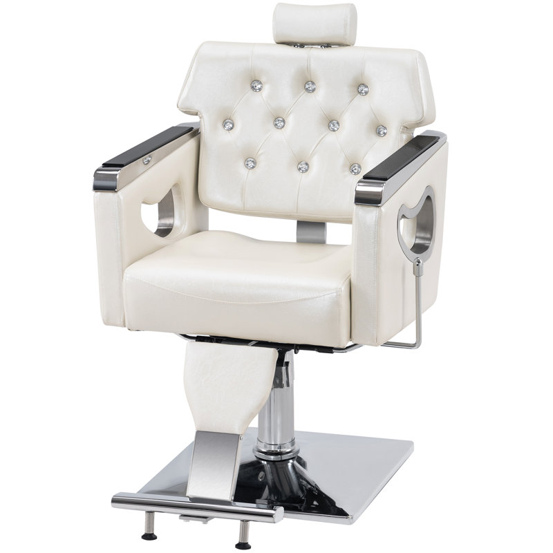 Reclining Hydraulic Pump Barber Chair, Faux Leather Salon Chair, White Faux Leather