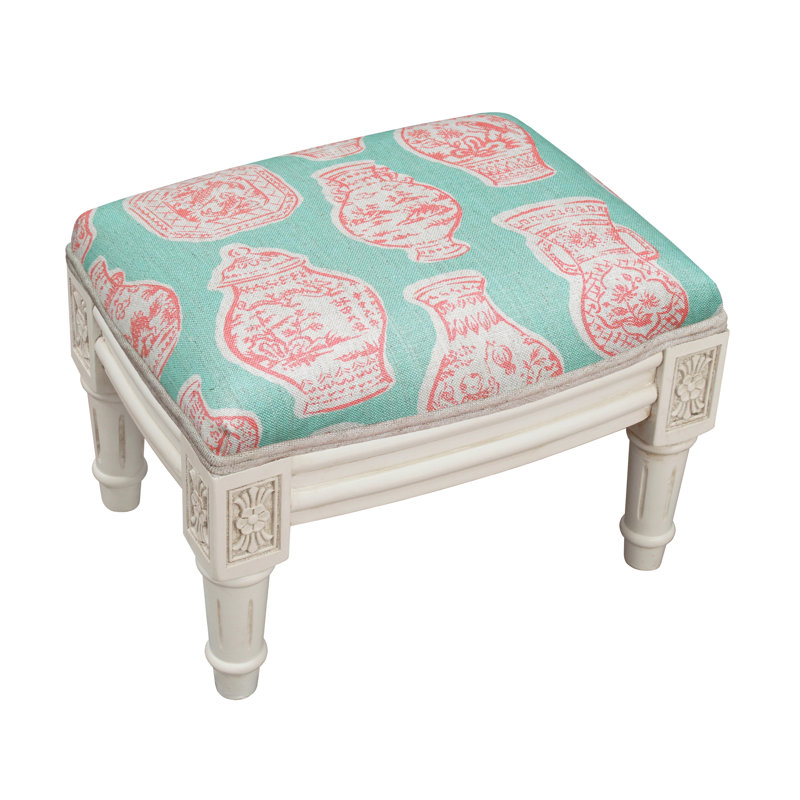 Camary Upholstered Ottoman, White, Pink/Aqua Toile Linen Blend