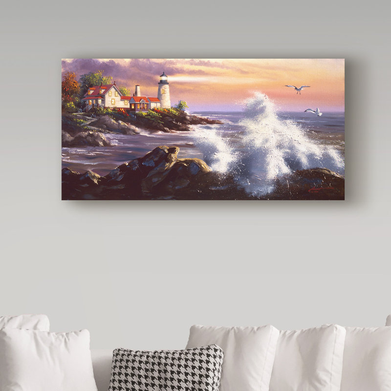 Rustic Lighthouse Waves Canvas Wall Art in Blue and White
