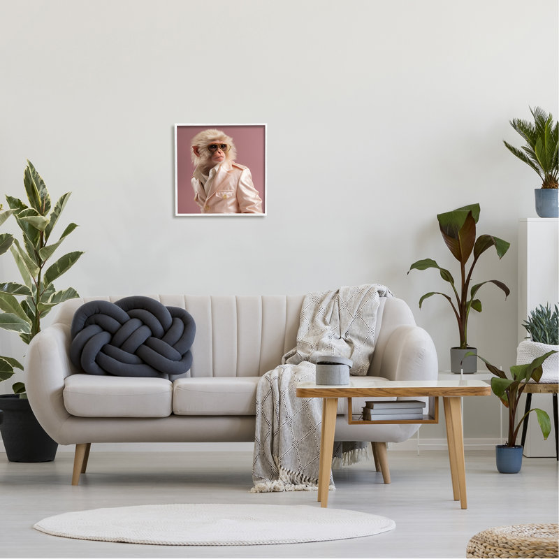Az-144 - Portrait de singe à la mode encadré, Giclée encadrée blanc bord de mer, H 17 po x l 17 po x P 1,5 po