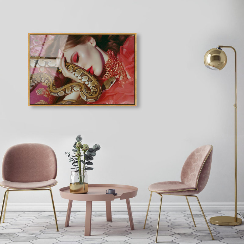 Oliver Gal Cleo and the Snake Fashion - Framed Acrylic Glass Wall Art, 30" H x 45" W, Gold