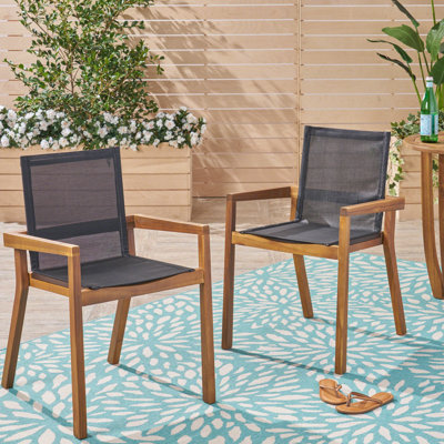 Ensemble de jardin pour 2 personnes : élégant ensemble en bois et en maille, finition style 2. Chaises : élégantes, noires.