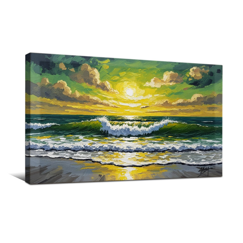 Nautique et plage, océan, vagues, coucher de soleil, ciel, nuages, toile, art, H 16 po x l 32 po