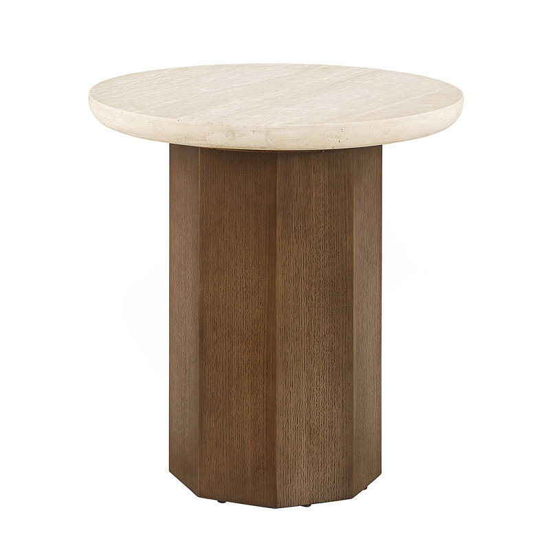 Table de bout contemporaine de forme organique avec plateau en travertin