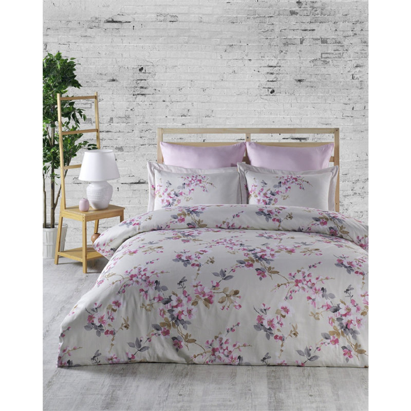 Ensemble de housse de couette double en satin Luxurious, 100% coton, blanc, rose, beige et gris | Comprend une housse de couette 79 x 87, un drap plat 94 x 102, des taies d'oreiller 20 x 28 et 28 x 28 | 210 fils, lavable à la machine, conception élégante