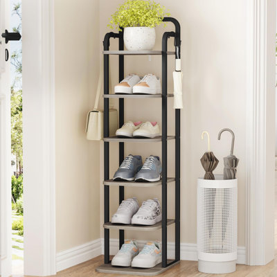 6‑Tier Vertical Tall Shoe Rack, Shoe Storage Shelf with 2 Hooks for Small‑Space Storage