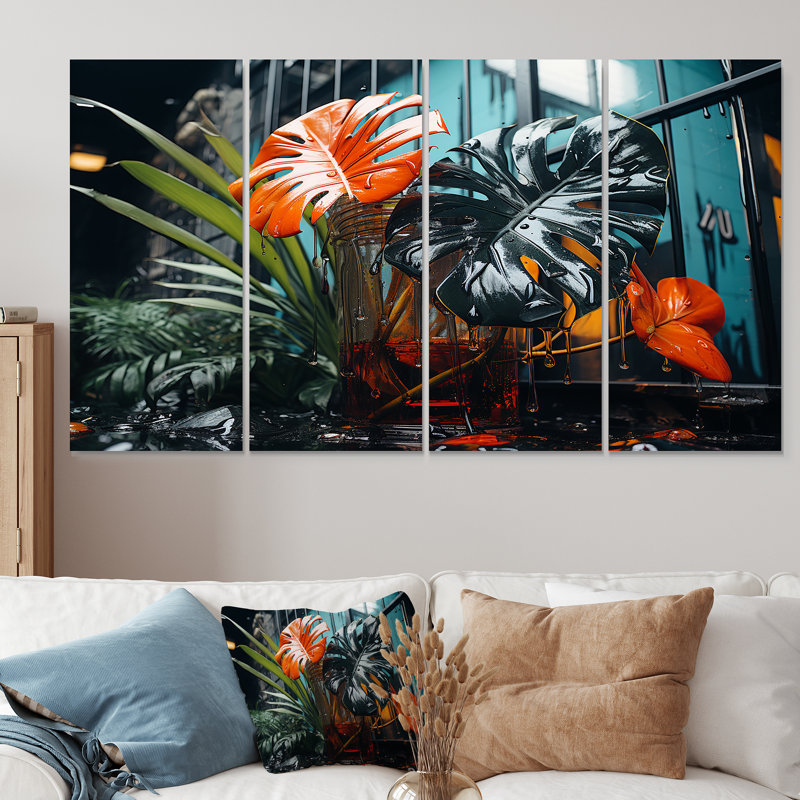Ensemble moderne d'art mural moderne orange et vert II - Collages abstraits, H 32 po x l 64 po