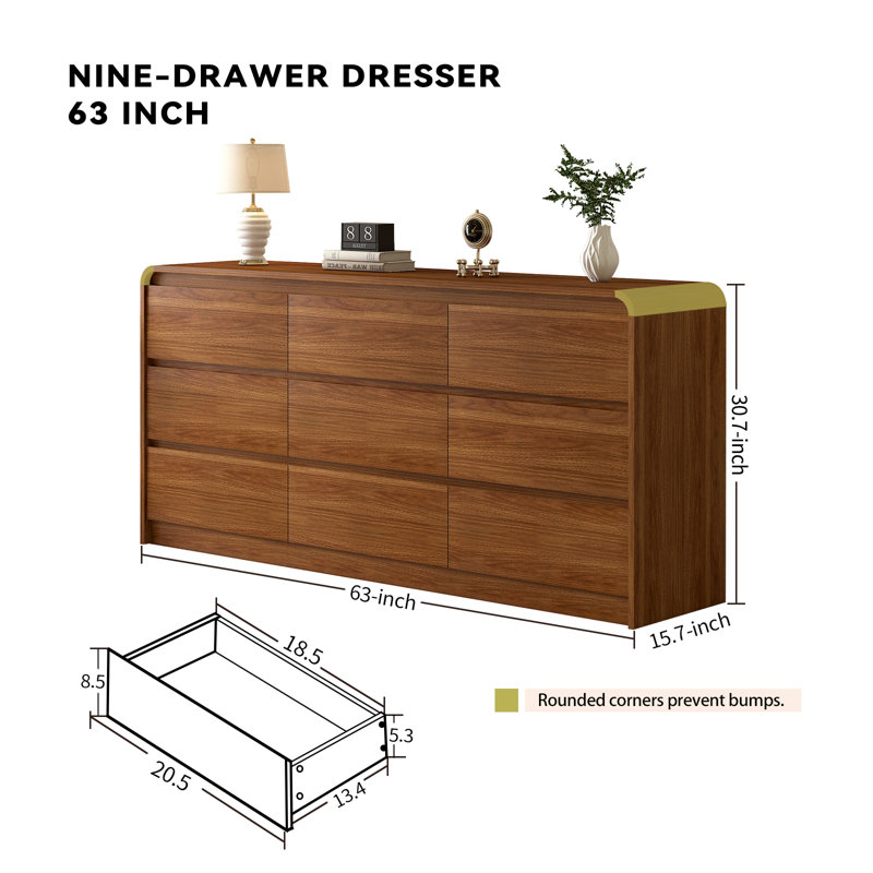 9 Drawer Dresser For Bedroom 63 Inch Wood Chest of Drawers - Curved Anti Collision, Mid Century Dresser For Closet with Natural Texture & Pre-Embedded Slots for TV Stand, Living Room, Nursery