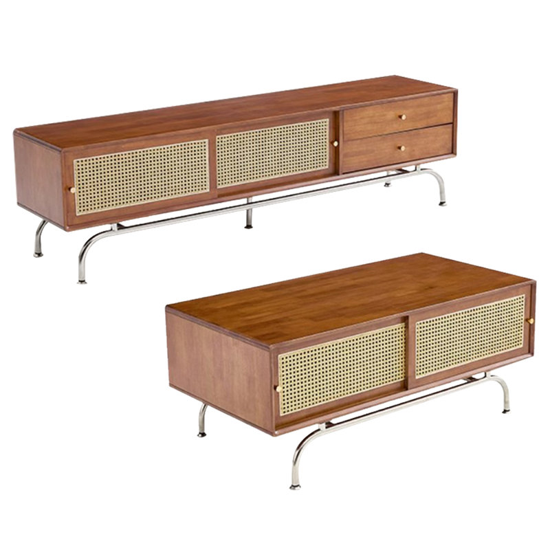 Combinaison de table basse vintage en rotin et télé, Brun