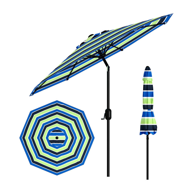 Parasol de patio 9 pi - 8 parasols de table robustes avec manivelle inclinable, rayures jaunes et bleues