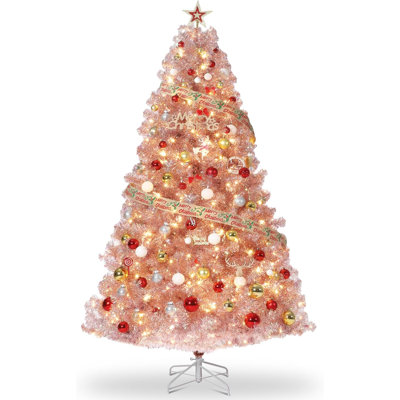 4.5Ft Prelit Christmas Tree, Rose Gold Tinsel Christmas Tree with 150 Warm White Led Lights & Sturdy Stand, Sparkle Xmas Decorations for Homes Offices, Parties