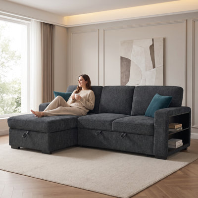 Canapé-lit coulissant en L, canapé-lit modulaire convertible avec méridienne de rangement, porte-gobelets et recharge USB, canapé réversible en lin pour le salon, noir