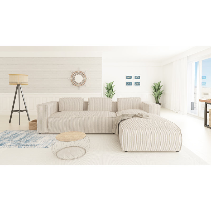 Modern L-Shape Corner Sofa  Made of Cord with Soft Seat, Right Hand Facing, Beige