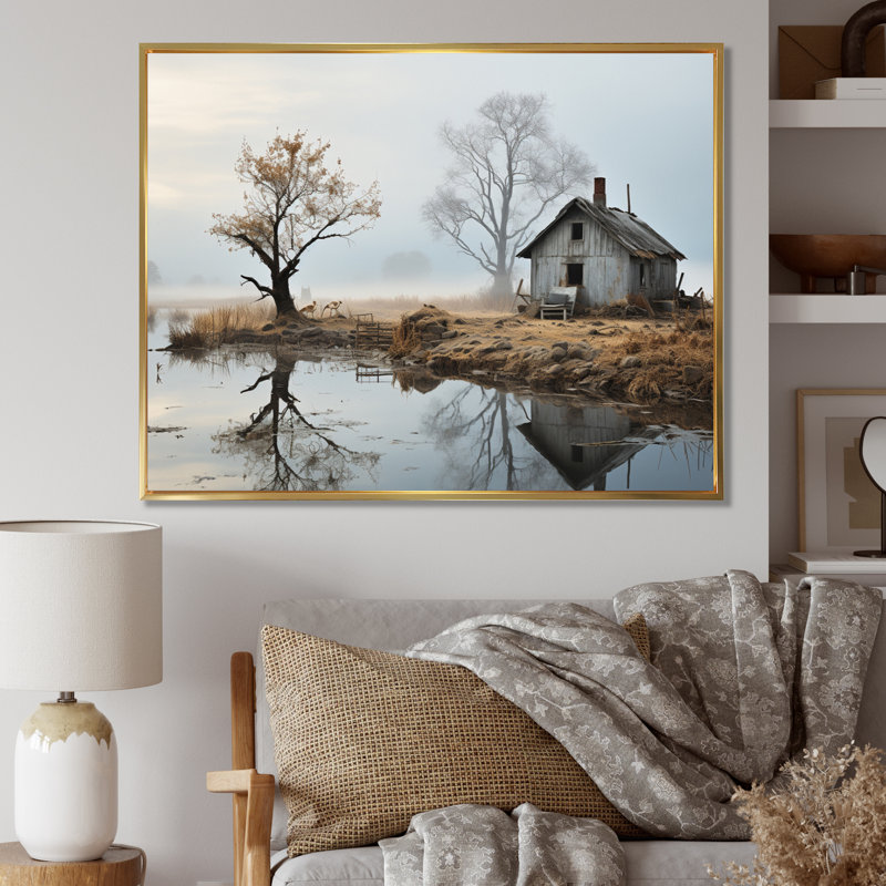 «Grey Country Charm Misty Morning» - imprimé, Cadre flottant doré, H 30 po x l 40 po x P 1,5 po