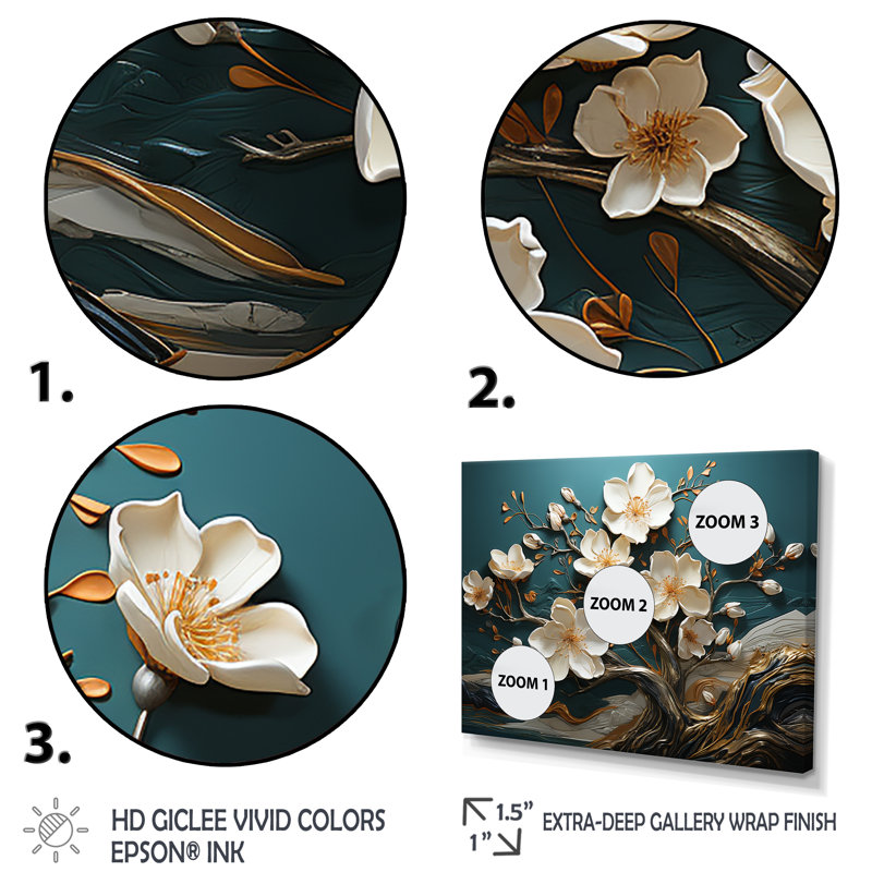 Blanc et or, charmante fleur printanière élégance II - fleurs, art mural, Cadre flottant doré, H 16 po x l 32 po x P 1 po