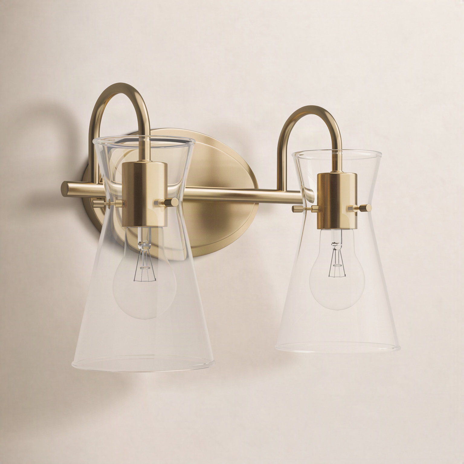 2 Light Transparent Dimmable Vanity Light, Natural Aged Brass