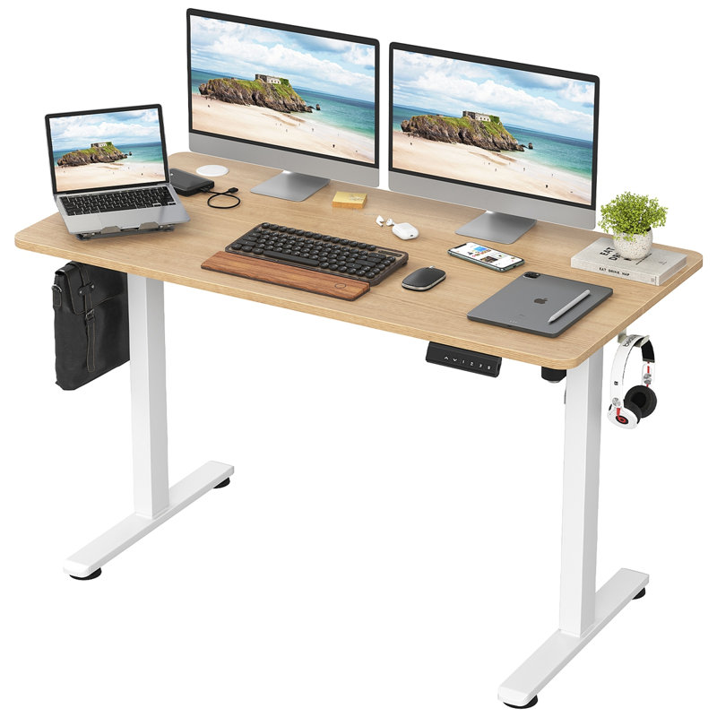 Electric Standing Desk Adjustable Height Sit Stand Home Office Desk With Splice Board, Ivory/White