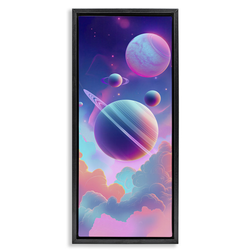 Nuage pastel avec cadre flottant planètes, design par Wumples, 31" H x 15" W, Cadre flottant noir de jais