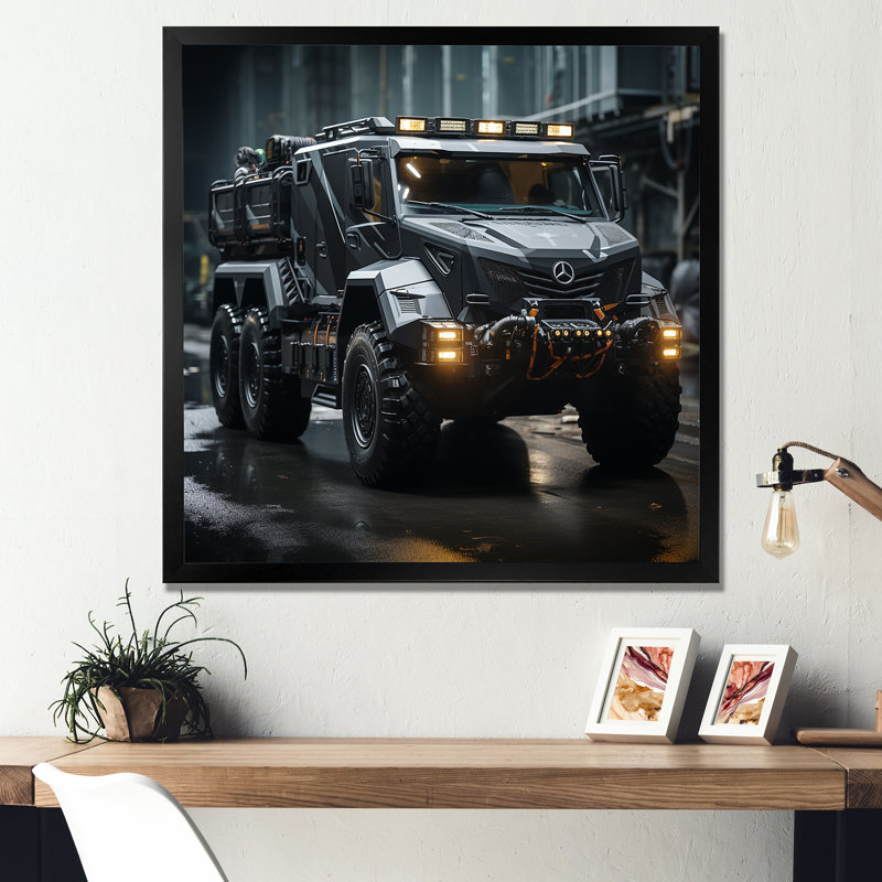 Au noir, camion militaire sur toile, Cadre simple noir, H 16 po x l 16 po x P 1 po