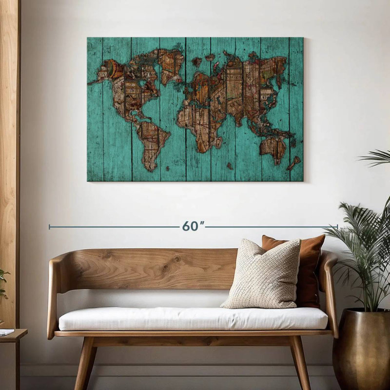 Aliaz Wood Map Turquoise, 30" H x 45" W