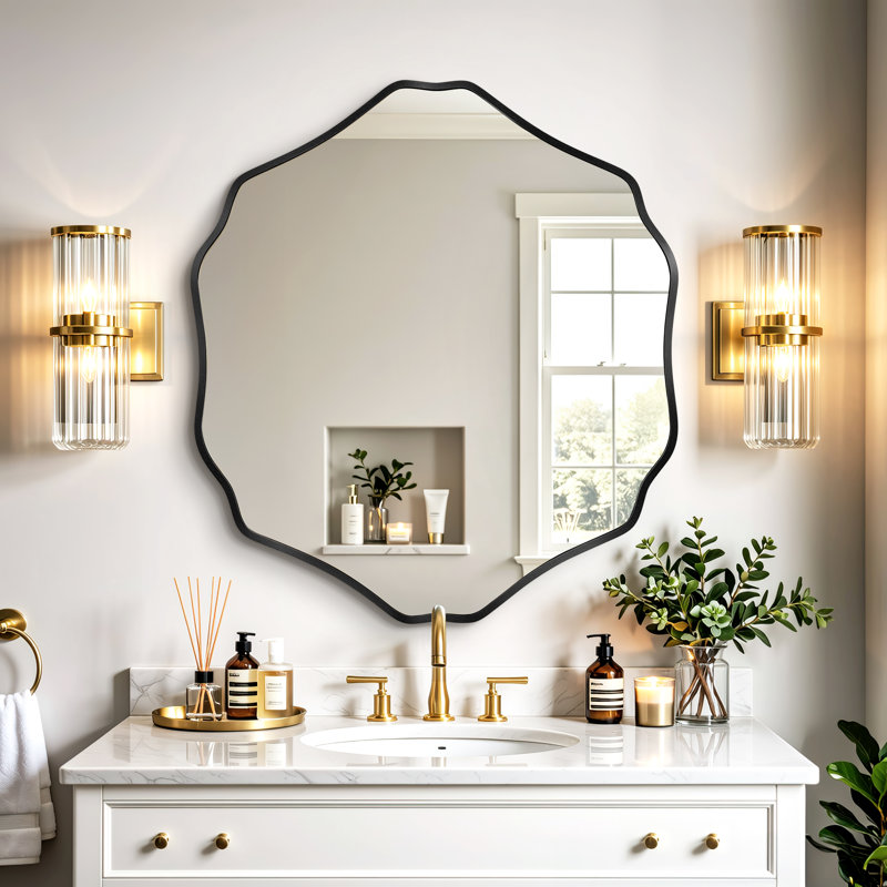 Scalloped Octagon Wall Mirror, Wavy Edge Decorative Vanity Mirror with Metal Frame for Bathroom, Bedroom, Entryway, 32" x 36"