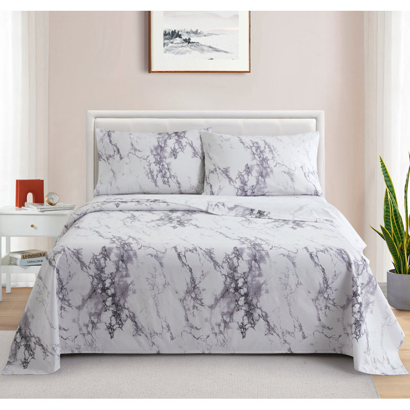 Marina Decoration 600 Thread Count Home Bedding Bedroom Soft Bedsheet Deep Pocket Hotel Standard Percale All Season 4 Pieces Printed Cotton Sheet Set, White Marble Pattern Queen Size
