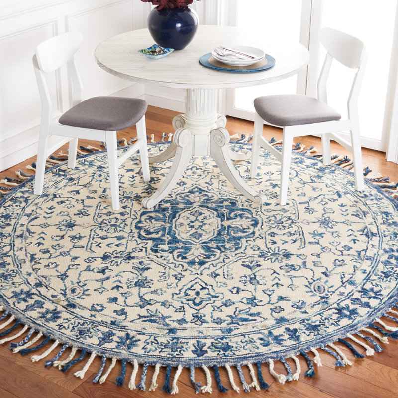 Tapis ivoire / bleu en laine / coton touffeté à la main Arkadijus, Rond 7 pi