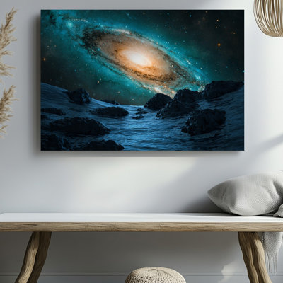 Canvas In A Vast Cosmic Scene A Swirling Galaxy Bursts Forth Wall Art With Vibrant Deep Blue And Turquoise Hues Radiating From A Canvas Wall Art