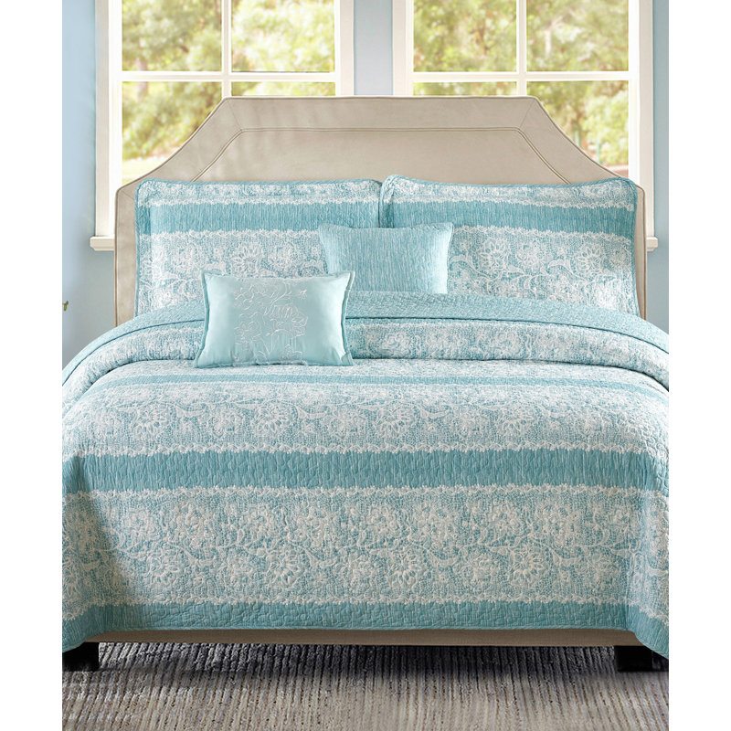 5 Piece Emma Printed Microfiber Quilts Set, Oversized King Quilt+2 King Shams+2 Throw Pillows, Teal Aqua