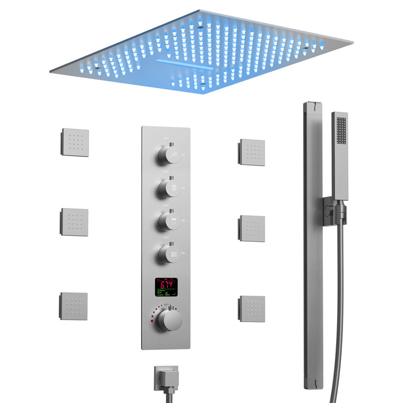 Thermostatic LED Mood Lighting Shower System, 16" Ceiling Mount Rainfall Shower Faucet with Brass Valve, Brushed Nickel
