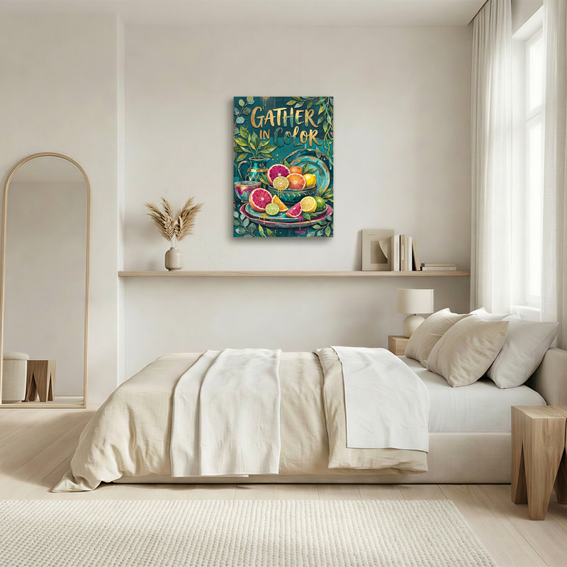 Art mural sur toile fond de tranches d'agrumes et de texte doré sur fond sarcelle, 18"H x 12"W