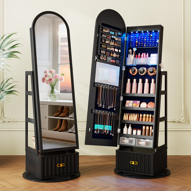 360° Swivel Arched Mirror Jewelry Cabinet, Black