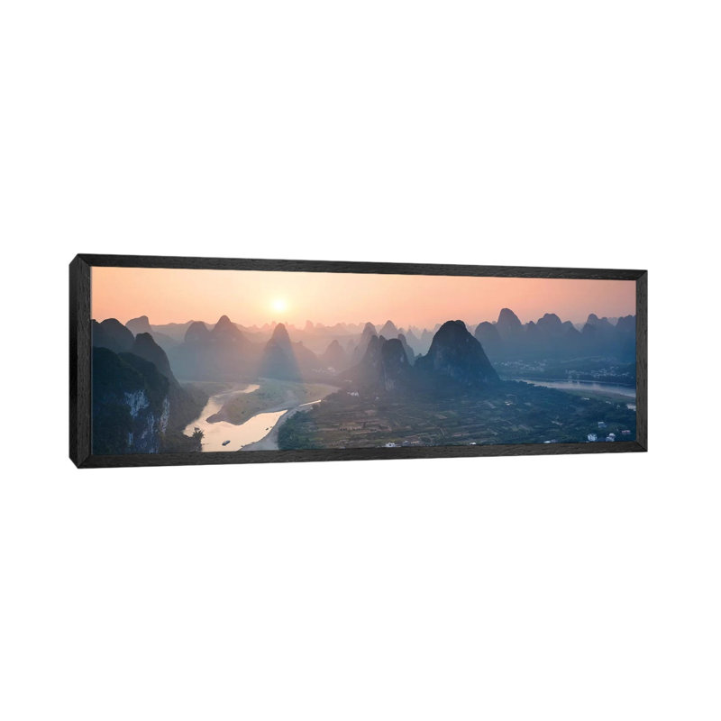 Panoramic Sunset Over Li River, China by Matteo Colombo - Panoramic Gallery-Wrapped Canvas Giclée on Canvas, Black Framed