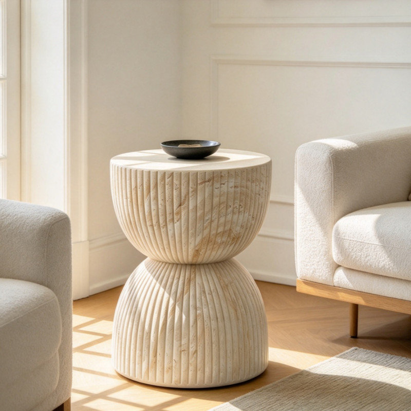 Table d'appoint extérieure en béton de 17,13 po de hauteur, table d'appoint décorative en forme de sablier avec finition en faux marbre, conception nervurée, aucun assemblage requis, fonctionne comme tabouret de jardin ou petite table basse d'extérie