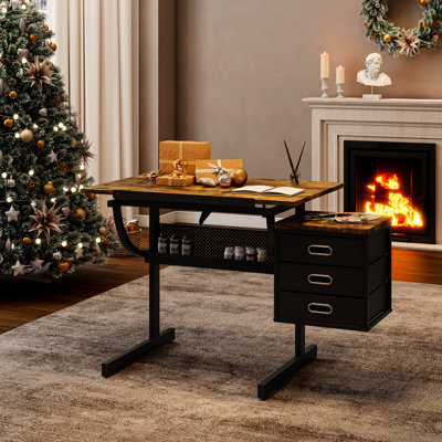 Table à dessin noire avec 3 tiroirs et tabouret pour bureau professionnel