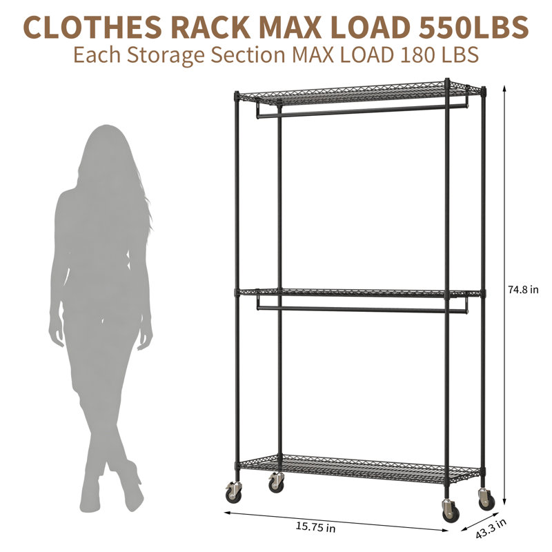 Heavy Duty Rolling Garment Rack with Double Hanging Rods and 3 Adjustable Wire Shelves, Black Metal Freestanding Closet Organizer