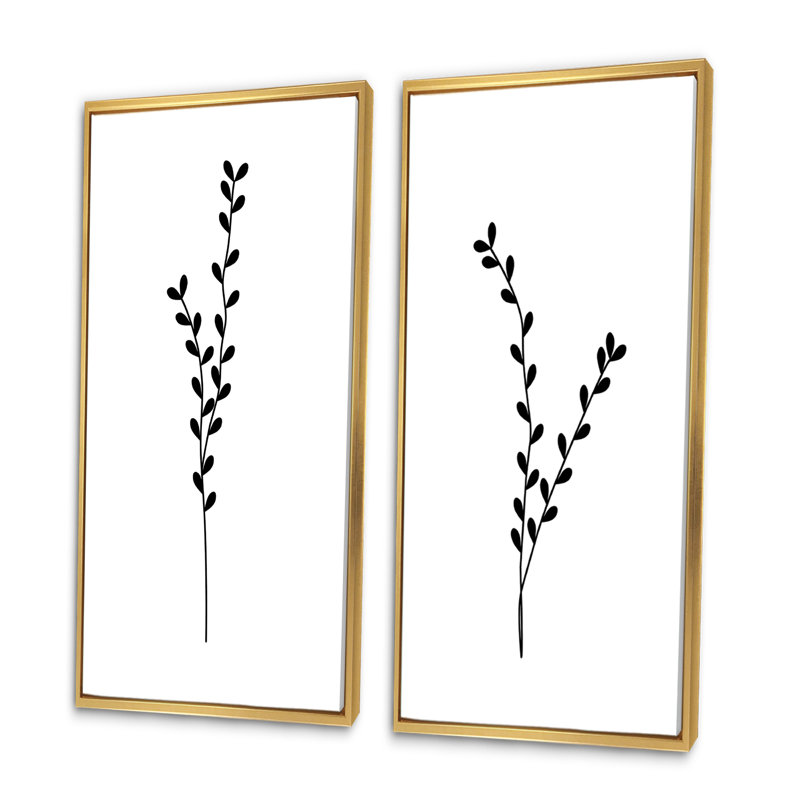 Silhouette unique de plante monochrome Boho I - ensemble de 2 impressions, H 32 po x l 32 po x P 1 po, Cadre doré