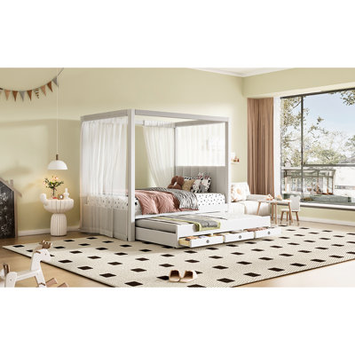 Full Size Upholstery Canopy Bed With Trundle And Storage, Beige - Bedroom Delight Platform Storage For A Charming Bedroom,