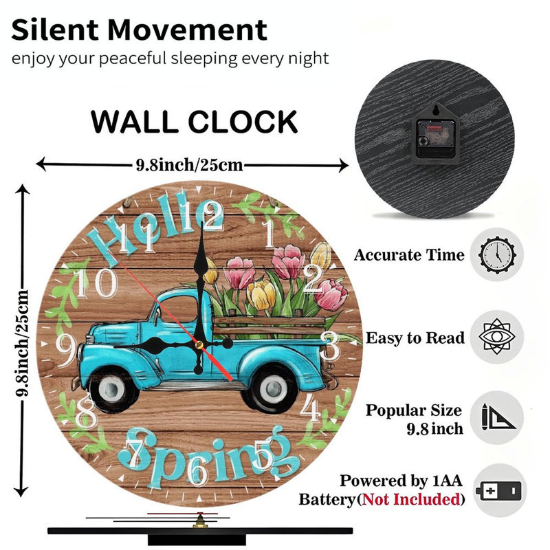 Horloge murale en bois 10 po, mouvement silencieux, à piles (piles AA non incluses), décor artistique, parfait pour les décorations