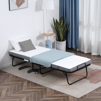 HOMCOM Folding Bed with 10cm Mattress Portable Foldable Guest Bed on Wheels