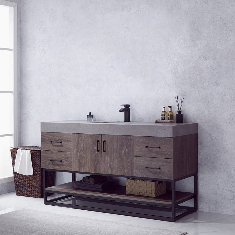 Ensemble de meuble-lavabo simple 60 po Alistair, Noir mat, Chêne naturel, Blanc