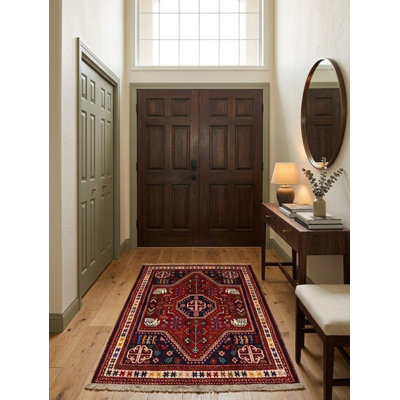 Tapis décoratif tribal en laine fait à la main rouge 3 pi 4 po x 4 pi 7 pi