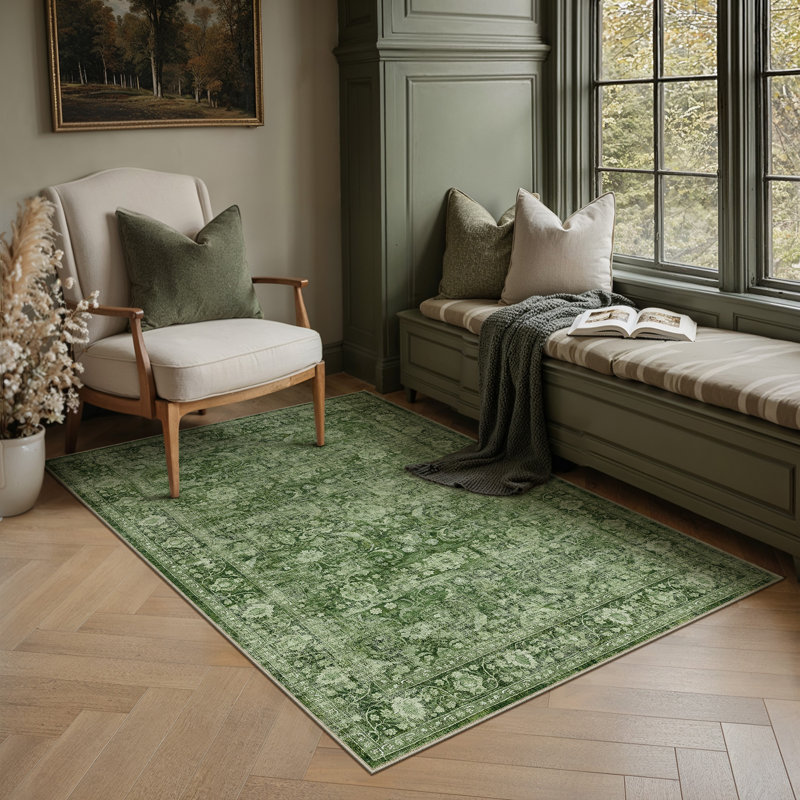 Tapis lavable rétro avec envers antidérapant Bremerton, Green, Rectangle 5 pi x 7 pi